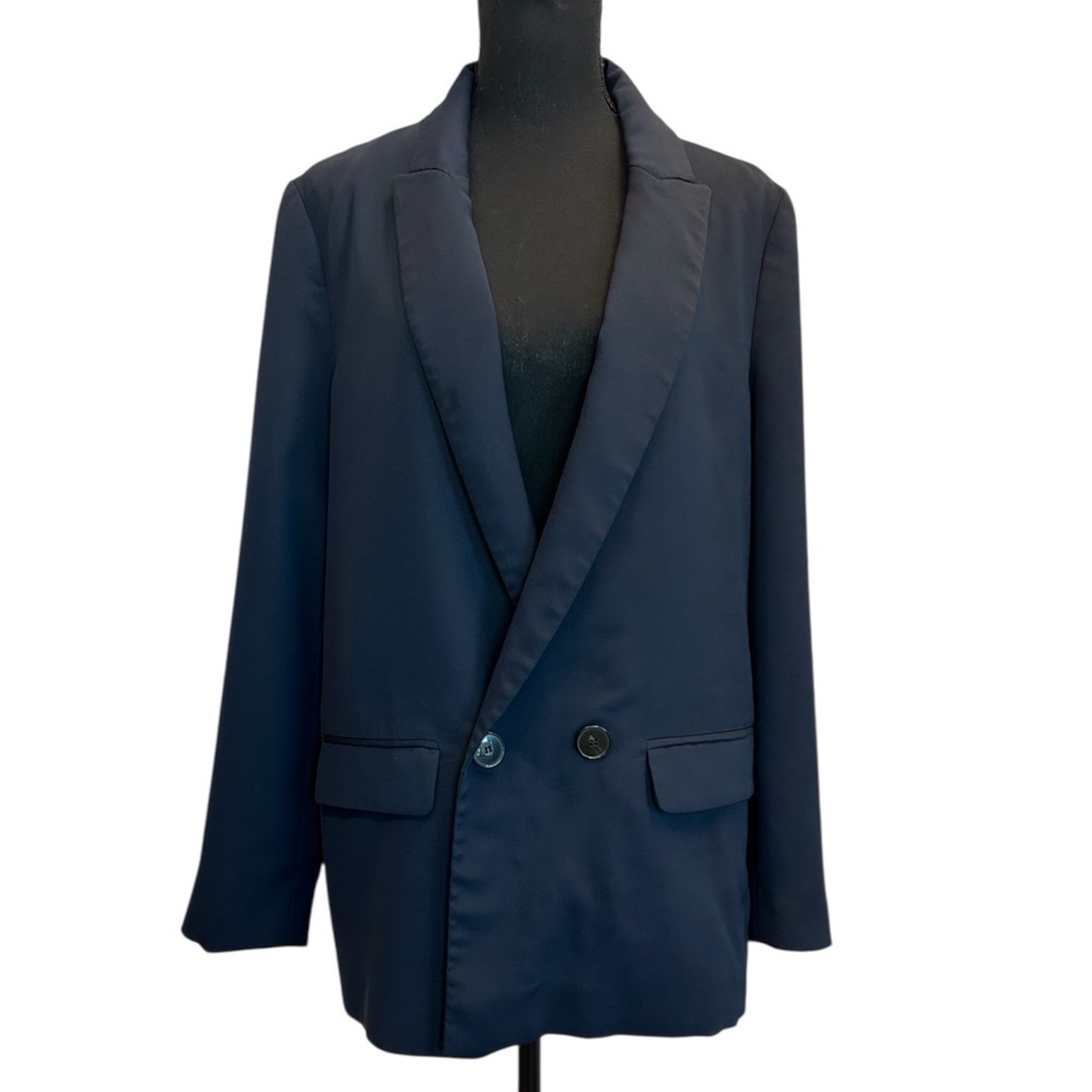 Zara women’s dark navy blue double breasted oversized blazer jacket Sz M